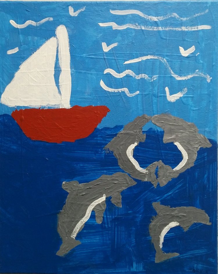 painting of sail boat and dolphins