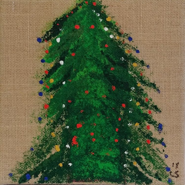 painting of Christmas tree with lights