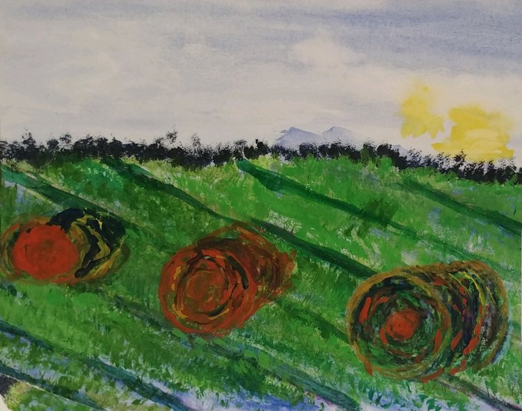 painting of field with haybales