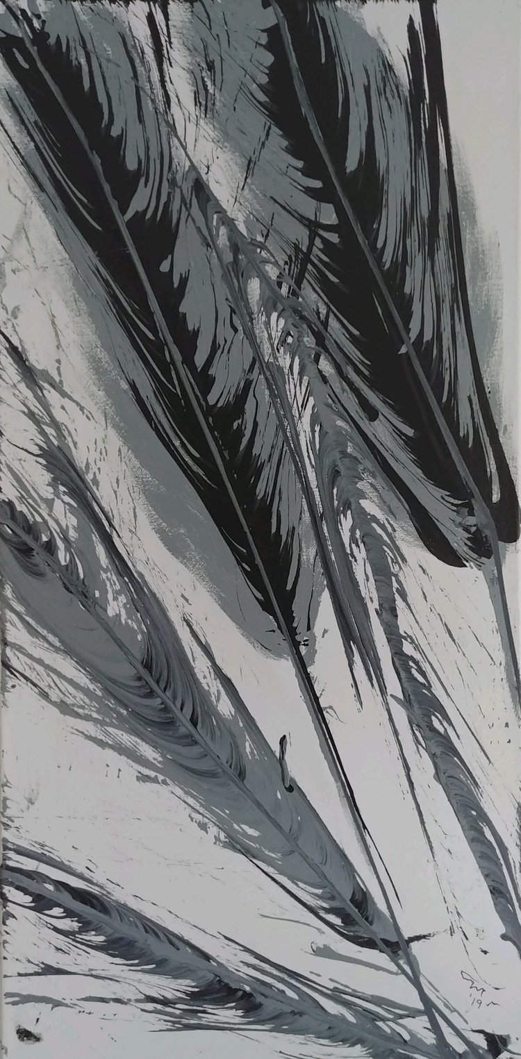 JW-art-Fly painting of gray and black feathers