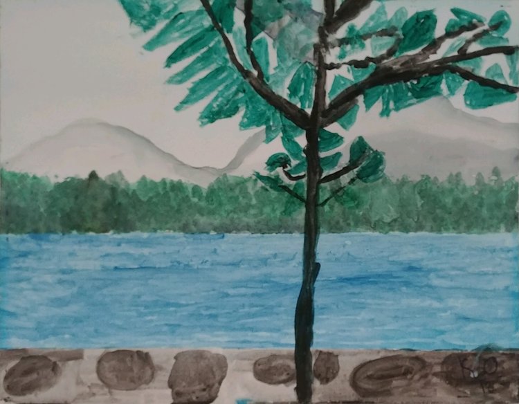 painting of mountain lake