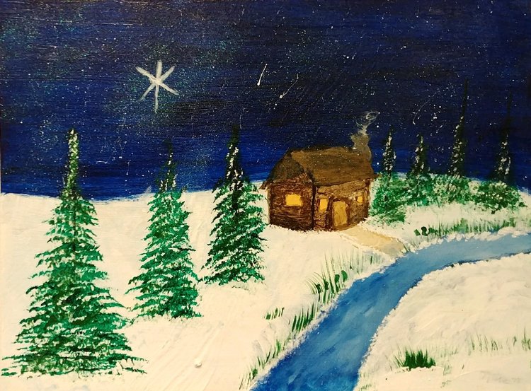 painting of cabin in the winter
