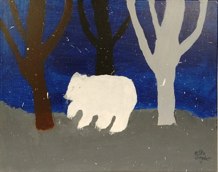 painting of white bear in winter night